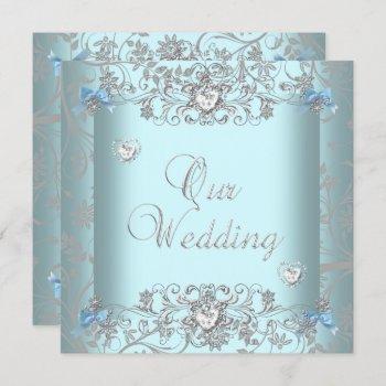 Small Teal Blue Damask Wedding Silver Diamond Hearts Front View