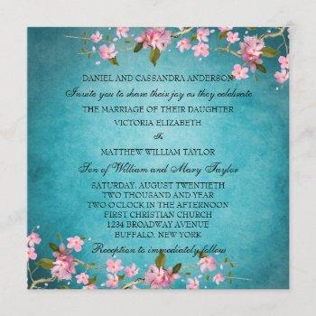 teal blue pink japanese cherry blossoms wedding invitation