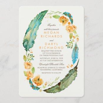 teal bohemian floral feathers botanical wedding invitation