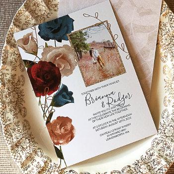 teal, burgundy, dusty pink wedding foil invitation
