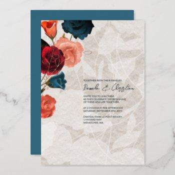 teal, burgundy, rose gold, boho garden wedding foil invitation