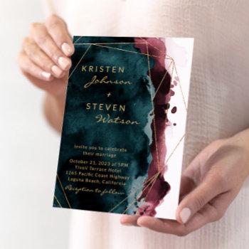teal & burgundy watercolor wedding invitation