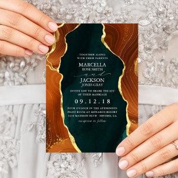 teal, burnt orange & gold agate wedding invitation
