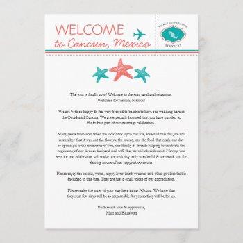 teal coral starfish mexico wedding welcome invitation