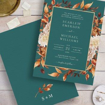 teal fall floral wedding invitation