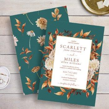 teal fall terracotta watercolor floral wedding invitation