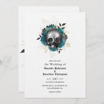teal floral skull halloween gothic wedding invitation