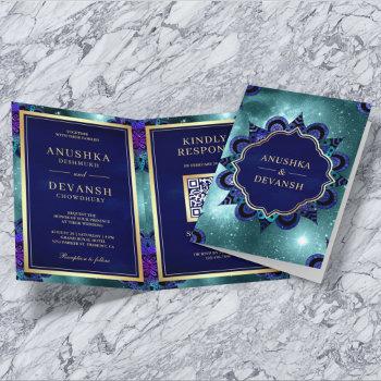 teal galaxy blue mandala qr code indian wedding invitation