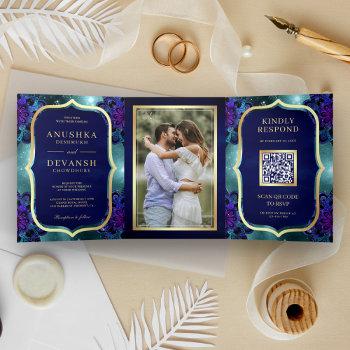 teal galaxy blue mandala qr code indian wedding tri-fold invitation