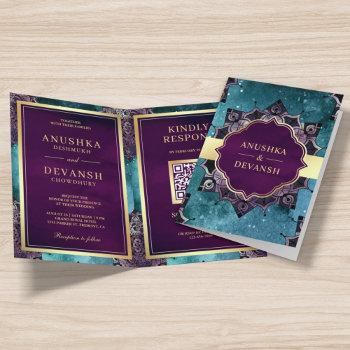teal galaxy purple mandala qr code indian wedding invitation