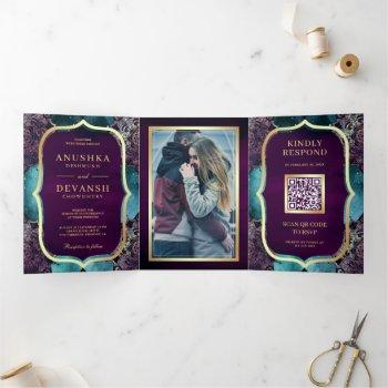 teal galaxy purple mandala qr code indian wedding tri-fold invitation