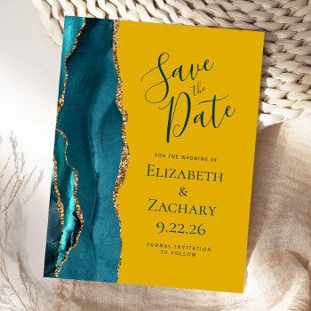 Small Teal Gold Agate Mustard Wedding Save The Date Announcement Post Front View
