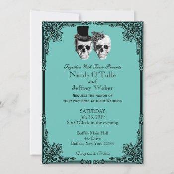 teal goth sugar skull wedding invitation