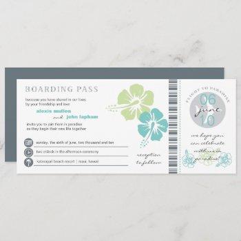 teal & lime hibiscus flower boarding pass wedding invitation