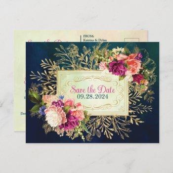 Small Teal, Navy, Green, Gold Bold Florals Save The Date Post Front View