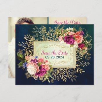 Small Teal, Navy, Green, Gold Floral Photo Save The Date Front View