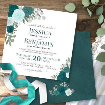 teal or turquoise watercolor roses elegant wedding invitation