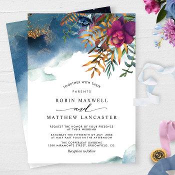 teal purple blue watercolor, mystic garden wedding invitation