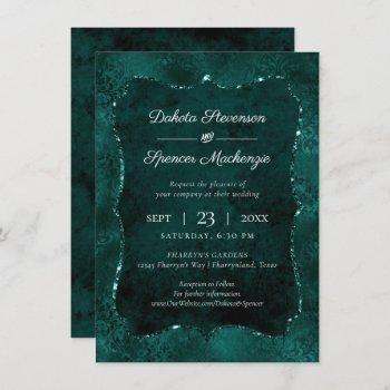teal romance | satin grunge rose damask wedding invitation