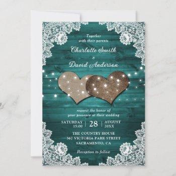 teal rustic wood burlap lace string lights wedding invitation