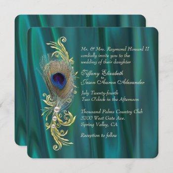 Small Teal Satin And Peacock Feather Wedding Front View