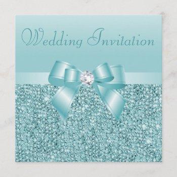 teal sequins, bow & diamond wedding invitation