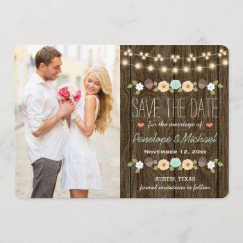 Small Teal String Of Lights Fall Rustic Save The Date Front View