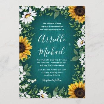 teal sunflower country rustic wedding invitations