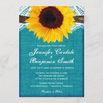 Small Teal Sunflower Rustic Country Wedding Invites Front View
