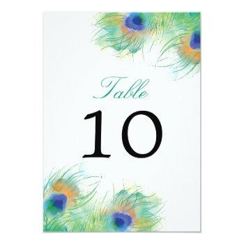 Small Teal Watercolor Peacock Feather | Table Number Front View