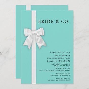 teal white bow ribbon cute modern bridal shower  invitation