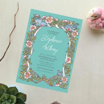 teal wildflower bird floral border boho wedding invitation
