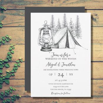 tent, lantern and woodland sketch camping wedding invitation