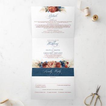 terracotta and navy blue elegant boho wedding tri-fold invitation