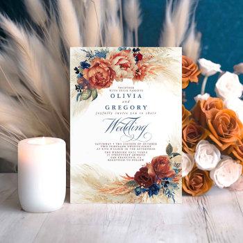 terracotta and navy blue floral elegant wedding invitation