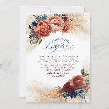 terracotta and navy blue floral evening reception invitation