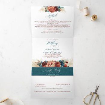 Small Terracotta And Teal Blue Elegant Boho Wedding Tri-fold Front View