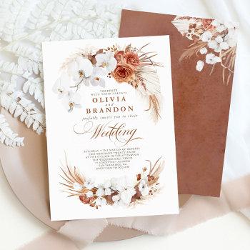 terracotta and white orchids flowers boho wedding invitation