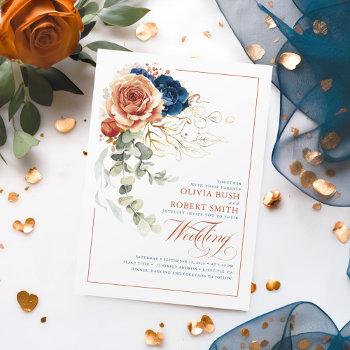 terracotta burnt orange navy blue floral wedding invitation