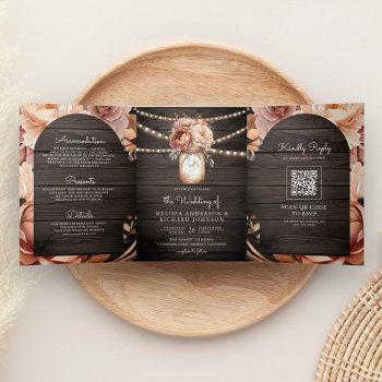 terracotta floral mason jar wood qr code wedding tri-fold invitation