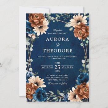 terracotta navy blue greenery geometric wedding in invitation