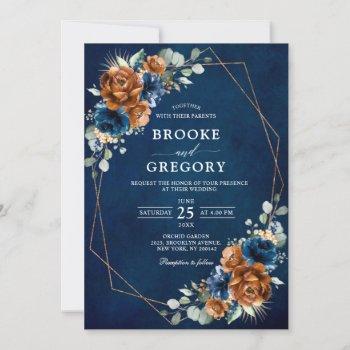terracotta navy blue greenery geometric wedding in invitation