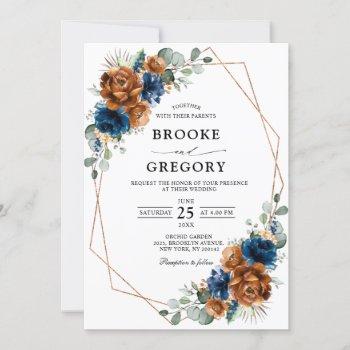 terracotta navy blue greenery geometric wedding invitation