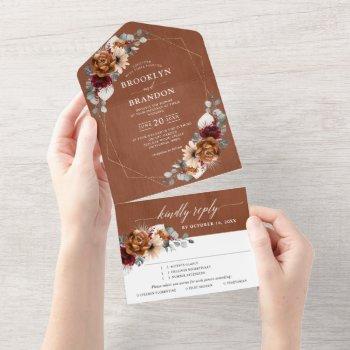 terracotta sage burgundy floral geometric wedding  all in one invitation