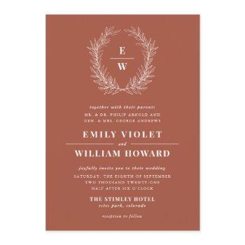 terracotta wreath monogram wedding invitation