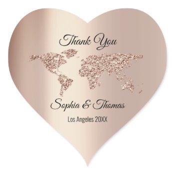Small Thank Wedding World Map Destination Rose Heart Heart Sticker Front View