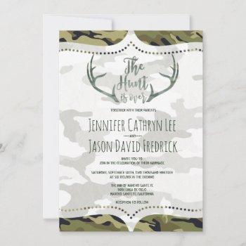 "the hunt is over" rustic antler camo wedding invitation