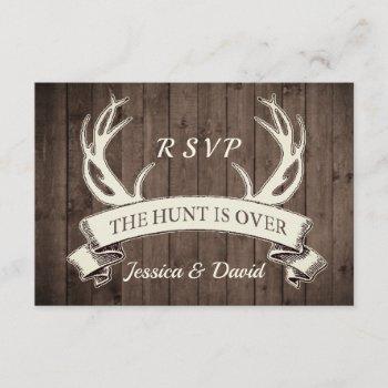 Small The Hunt Is Over Rustic Barnwood Wedding Rsvp Front View
