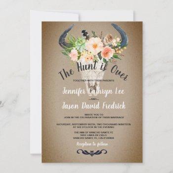 "the hunt is over" rustic floral antelope wedding invitation