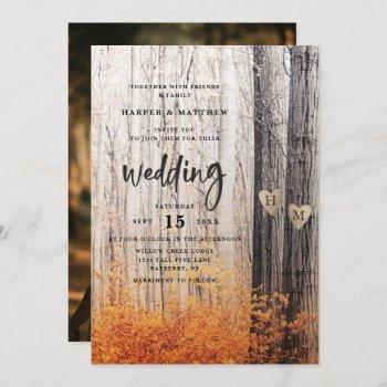 the two lovers carved trees fall forest wedding invitation